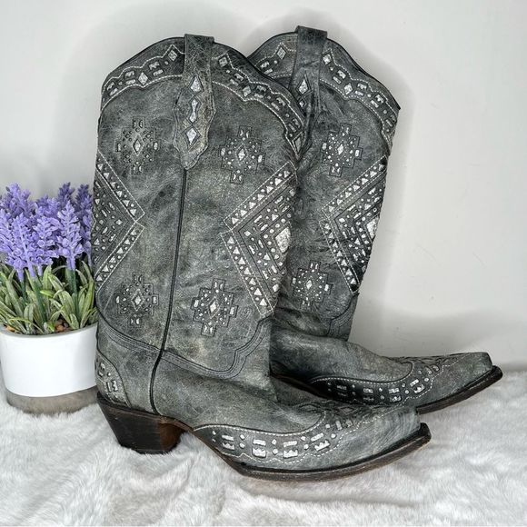 Corral Shoes - Corral Boots Women’s 10 Gray & Silver Glitter Inlay Leather Snip Toe Western